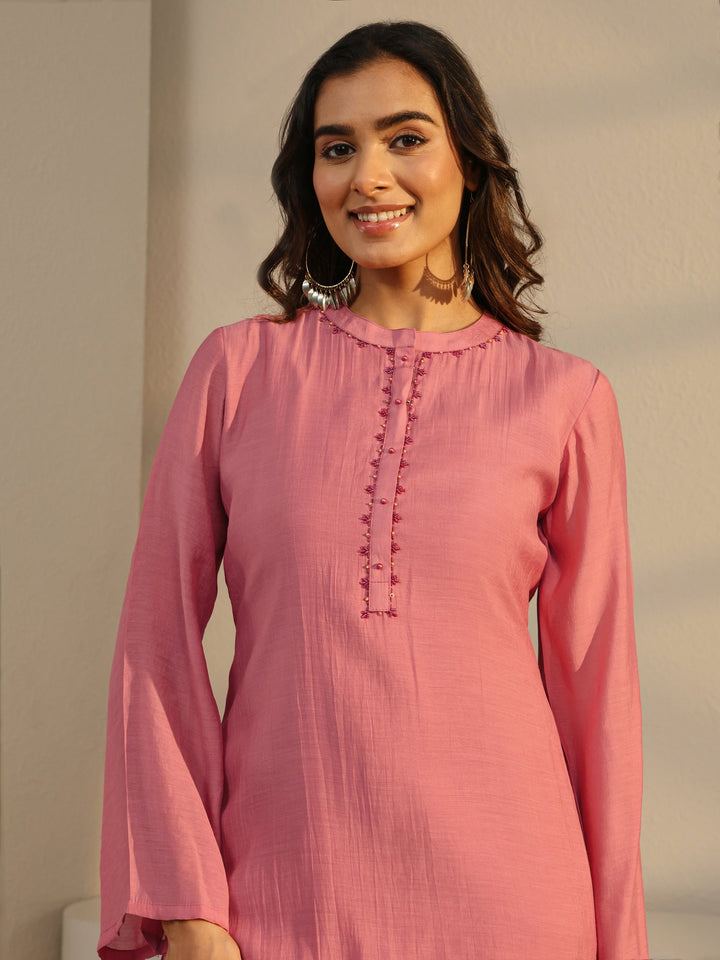 Pink Floral Embroidered Chanderi Silk Straight Suit Set
