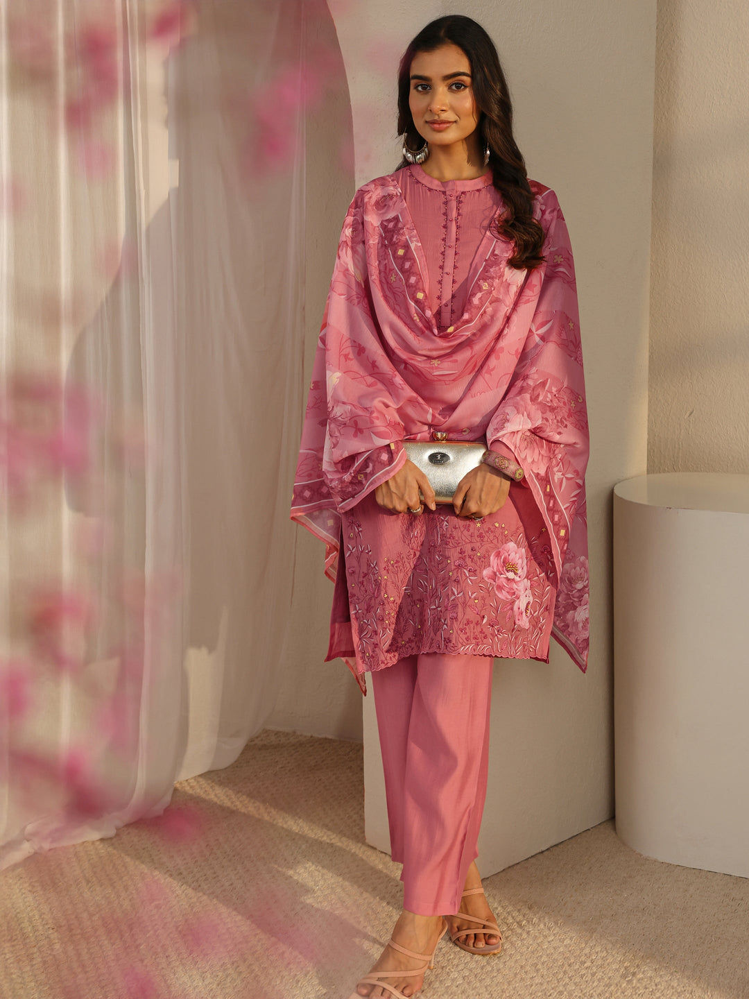 Pink Floral Embroidered Chanderi Silk Straight Suit Set