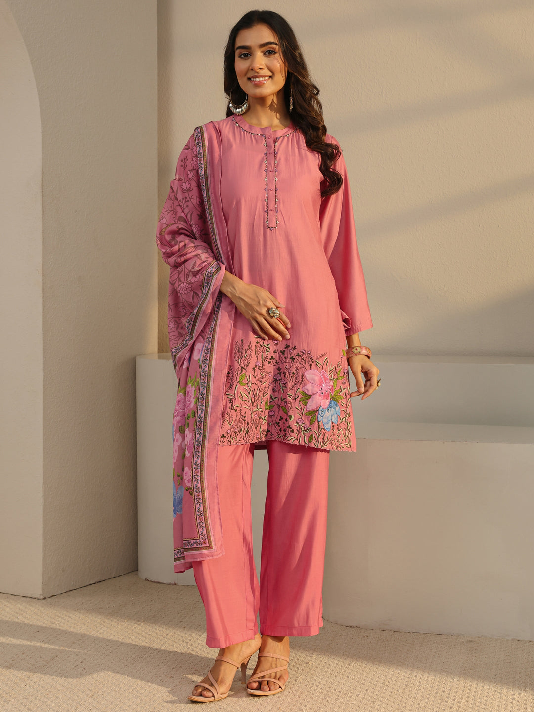 Pink Floral Embroidered Silk Blend Straight Suit Set