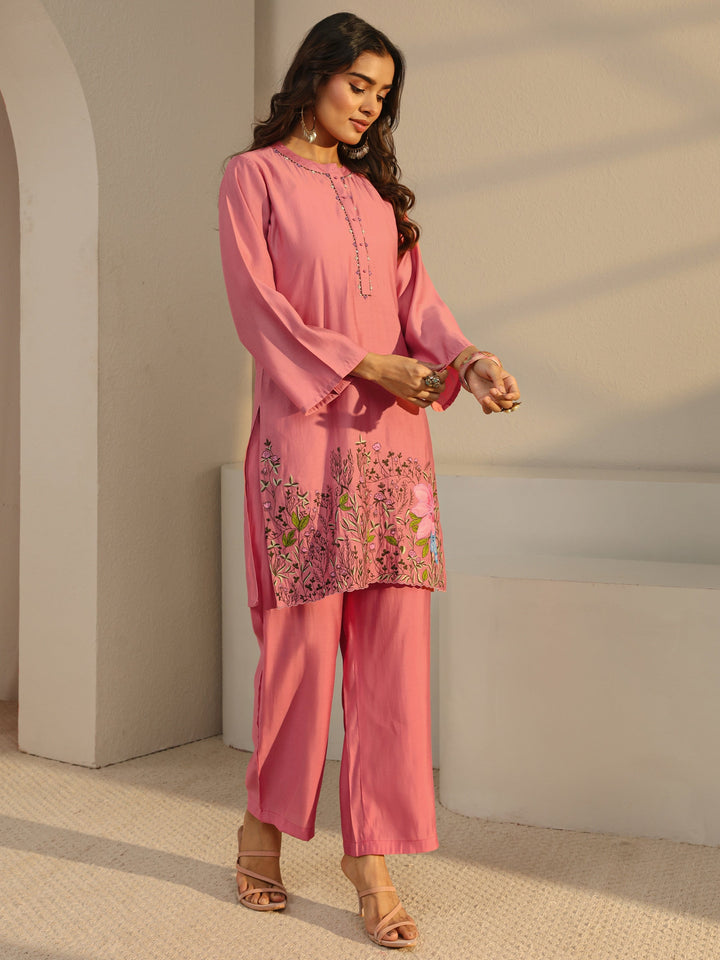Pink Floral Embroidered Silk Blend Straight Suit Set