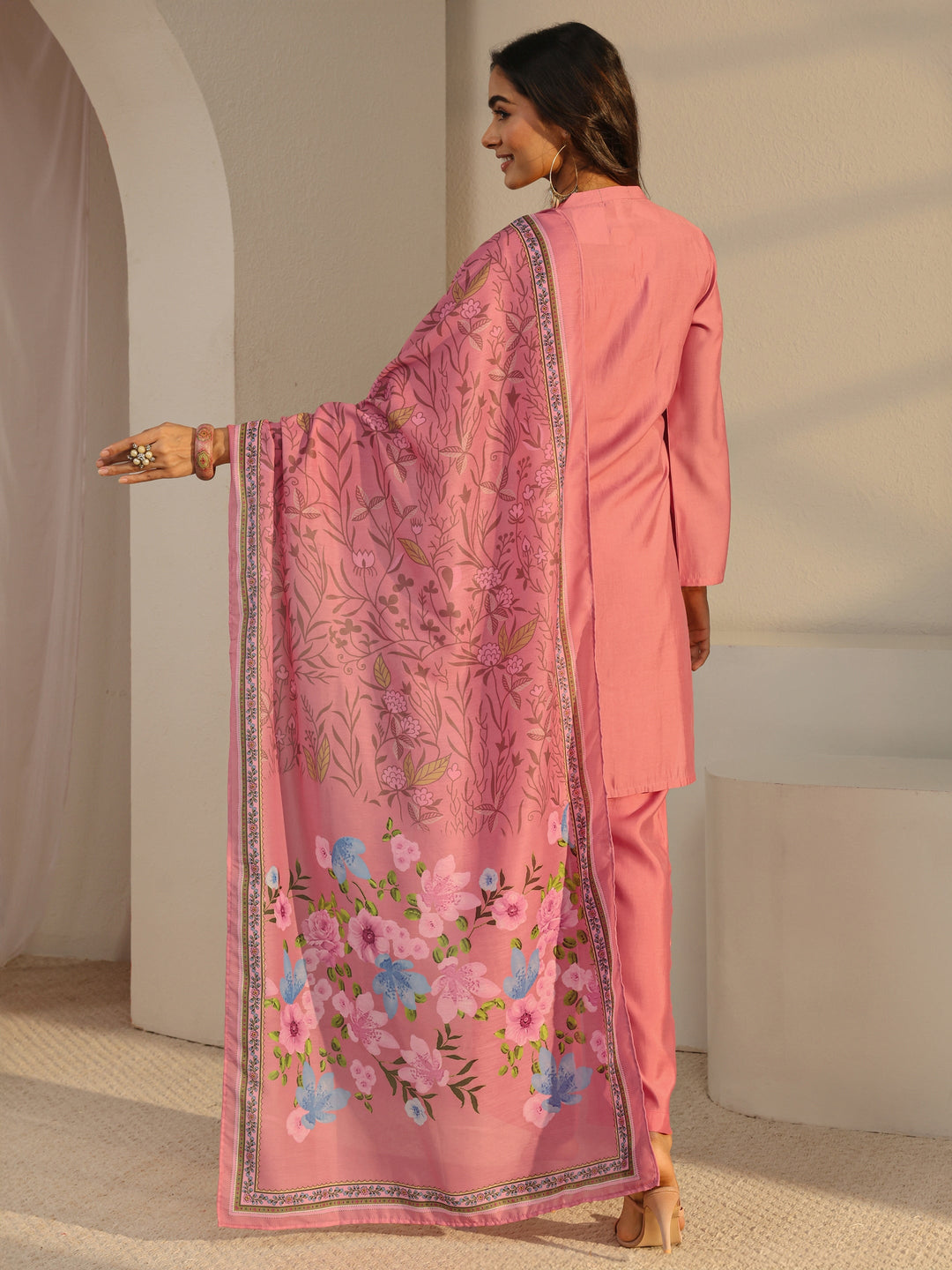 Pink Floral Embroidered Silk Blend Straight Suit Set