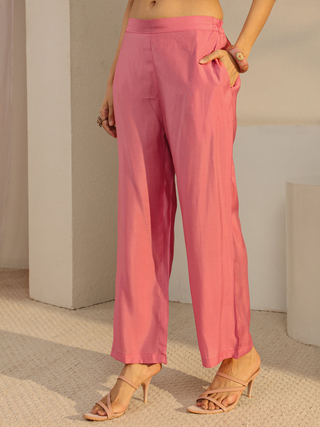 Pink Floral Embroidered Silk Blend Straight Suit Set
