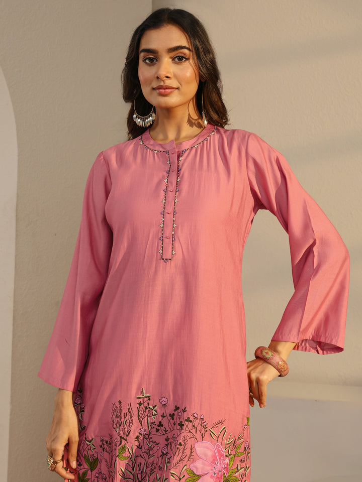 Pink Floral Embroidered Silk Blend Straight Suit Set
