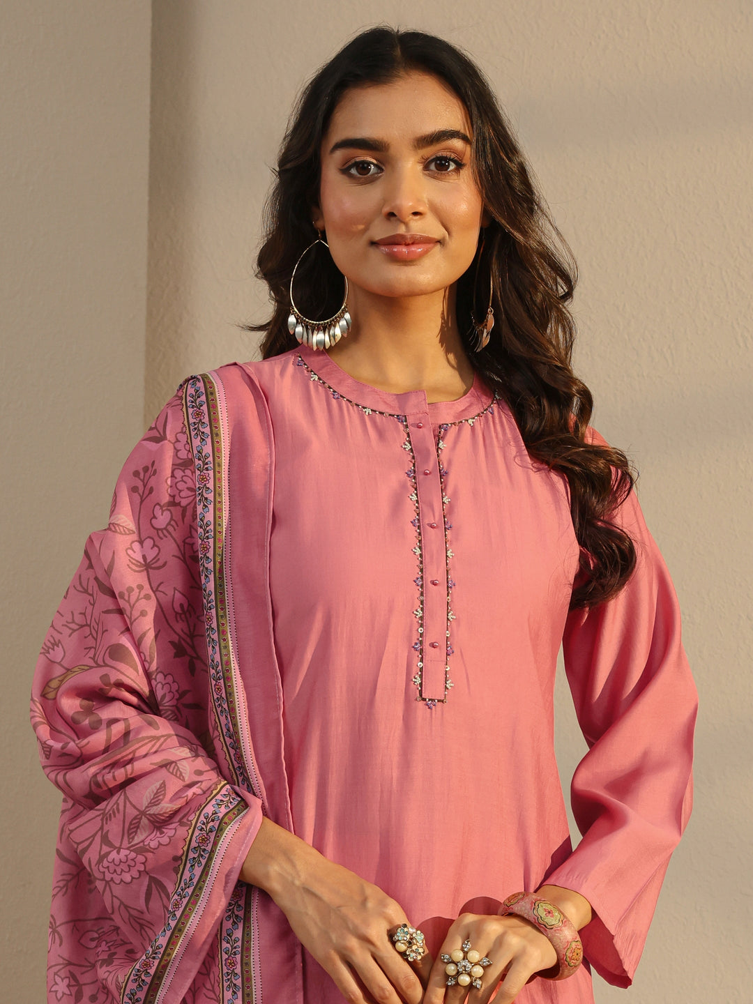 Pink Floral Embroidered Silk Blend Straight Suit Set