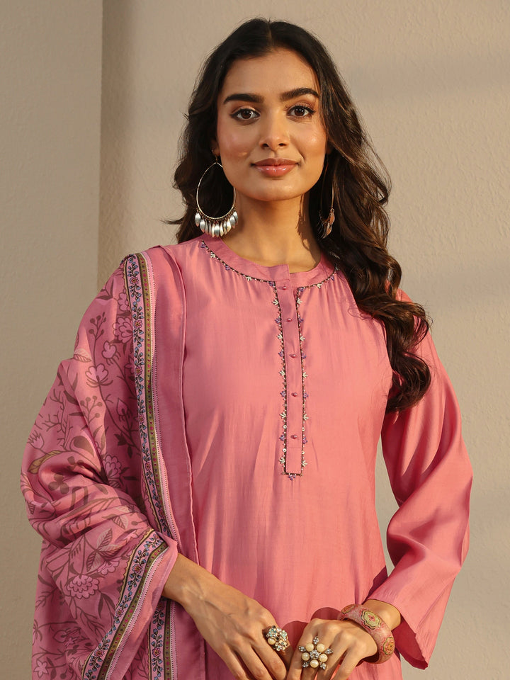 Pink Floral Embroidered Silk Blend Straight Suit Set