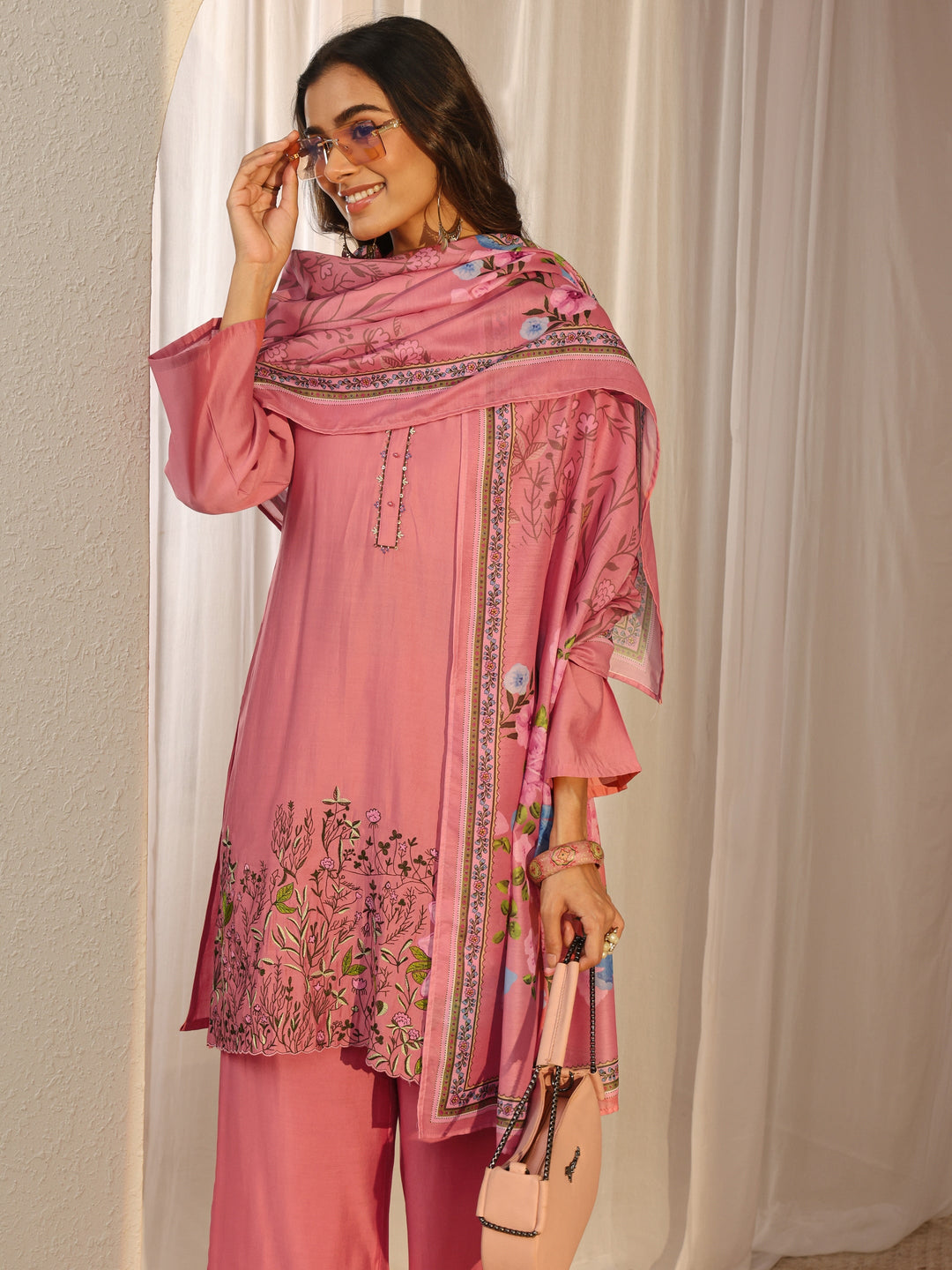 Pink Floral Embroidered Silk Blend Straight Suit Set
