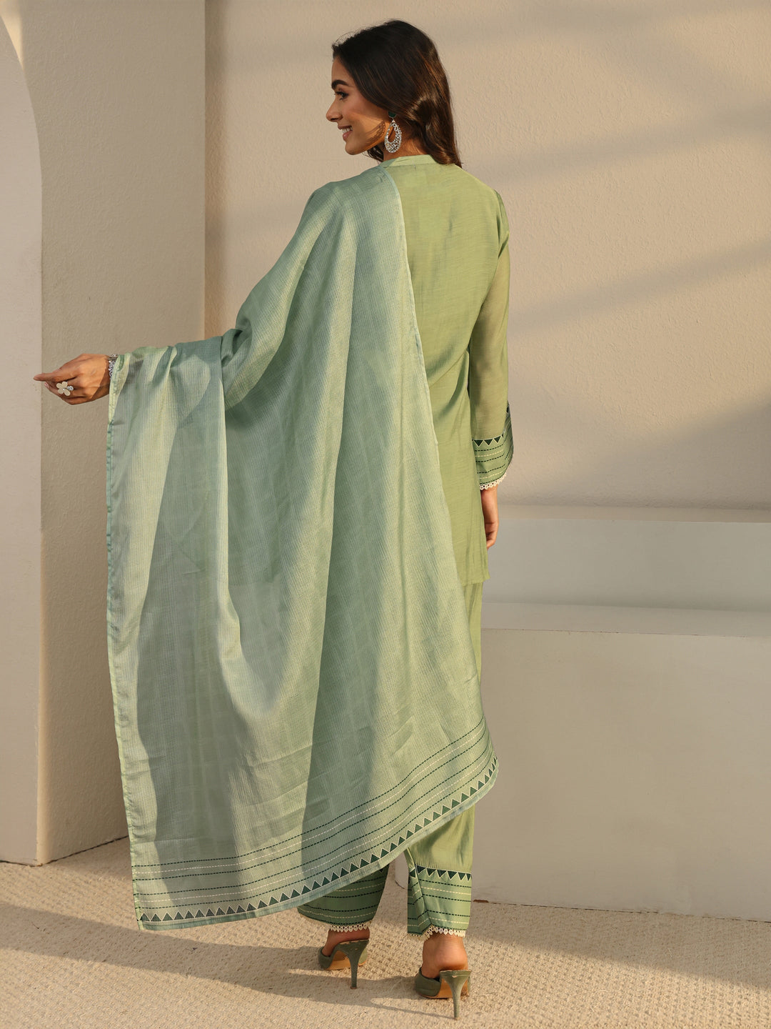Green Floral Embroidered Chanderi Silk Straight Suit Set