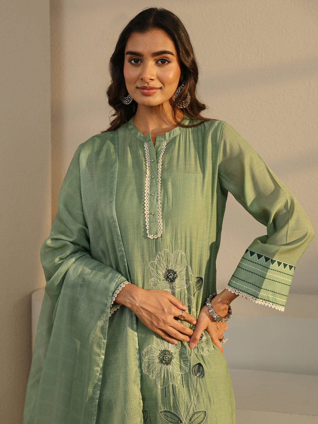 Green Floral Embroidered Chanderi Silk Straight Suit Set