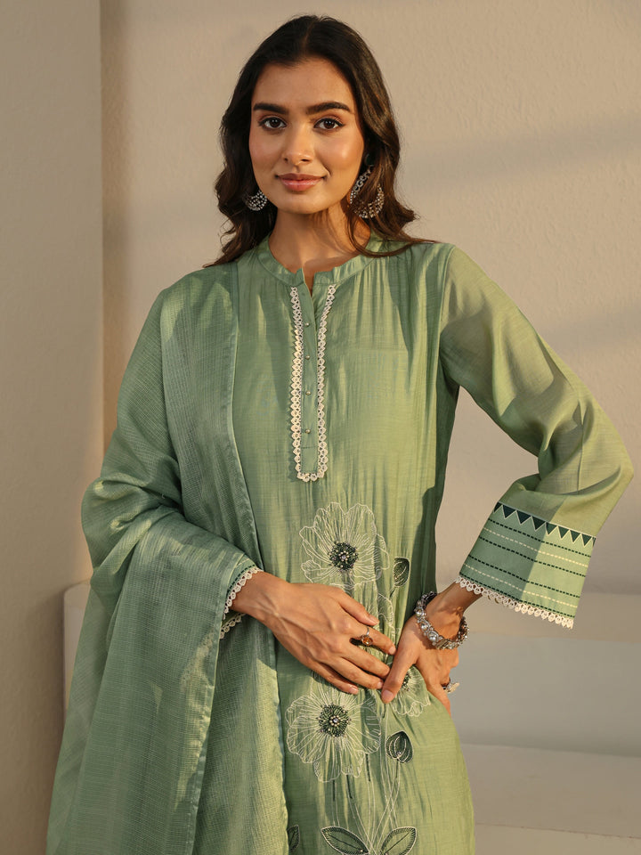 Green Floral Embroidered Chanderi Silk Straight Suit Set