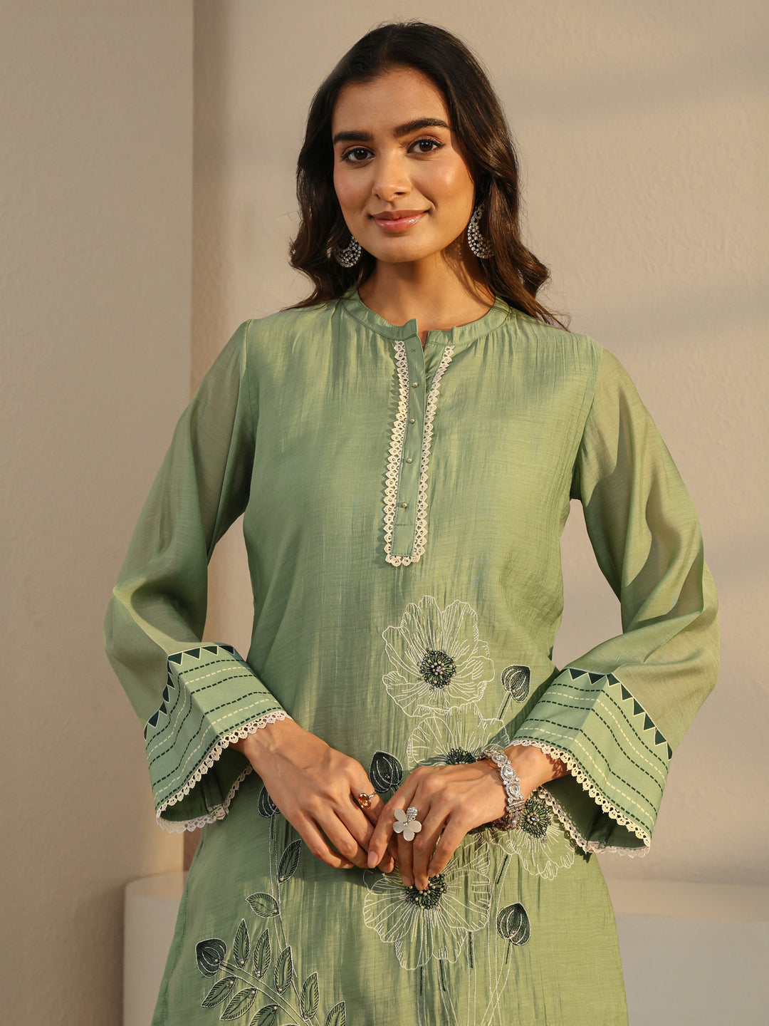 Green Floral Embroidered Chanderi Silk Straight Suit Set