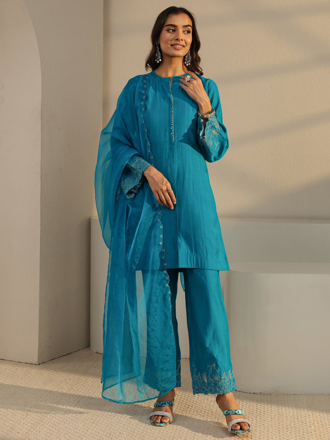 Blue Solid Silk Blend Straight Suit Set
