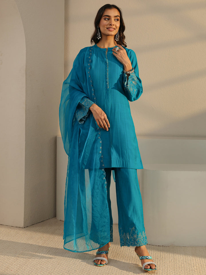 Blue Solid Silk Blend Straight Suit Set
