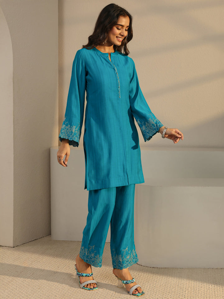 Blue Solid Silk Blend Straight Suit Set