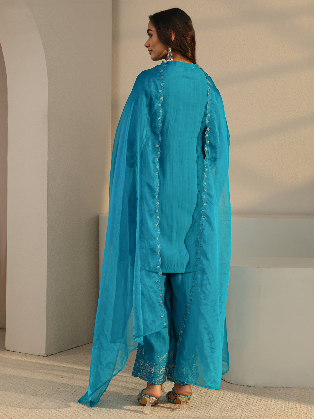 Blue Solid Silk Blend Straight Suit Set