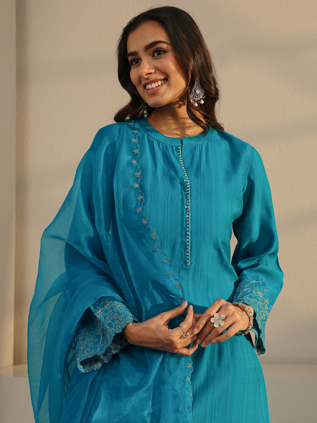 Blue Solid Silk Blend Straight Suit Set