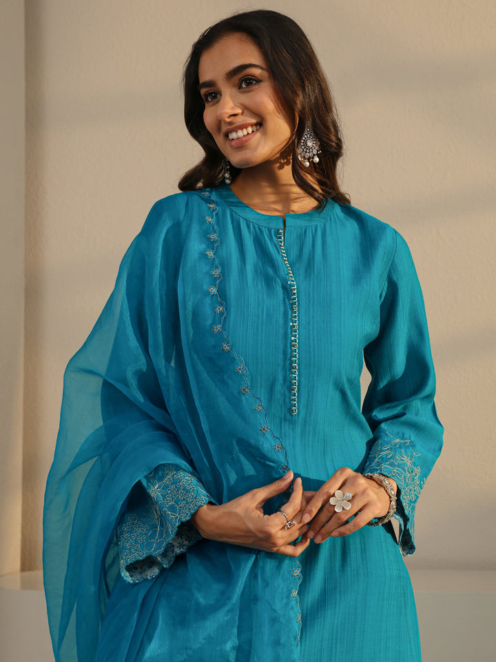 Blue Solid Silk Blend Straight Suit Set