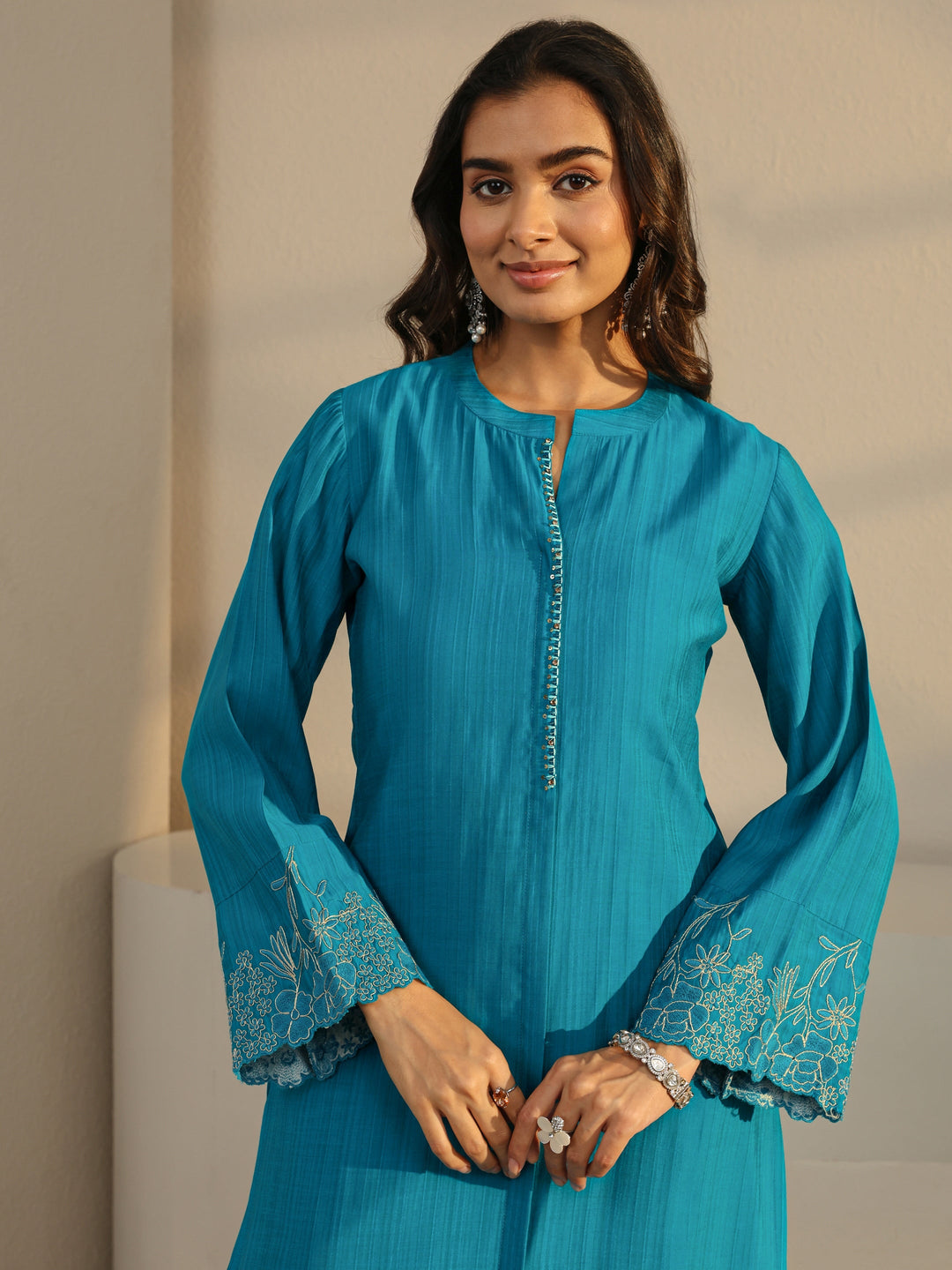 Blue Solid Silk Blend Straight Suit Set