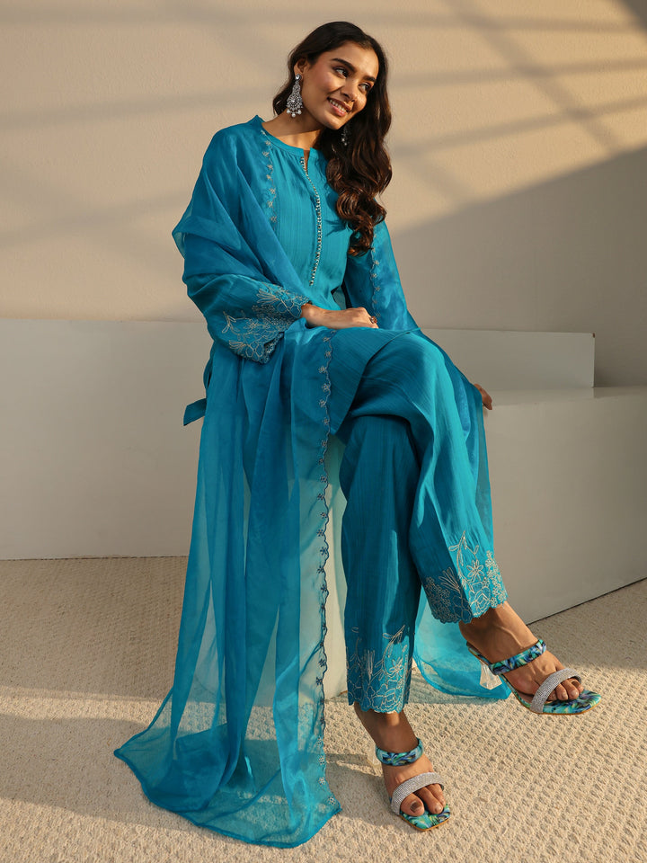 Blue Solid Silk Blend Straight Suit Set