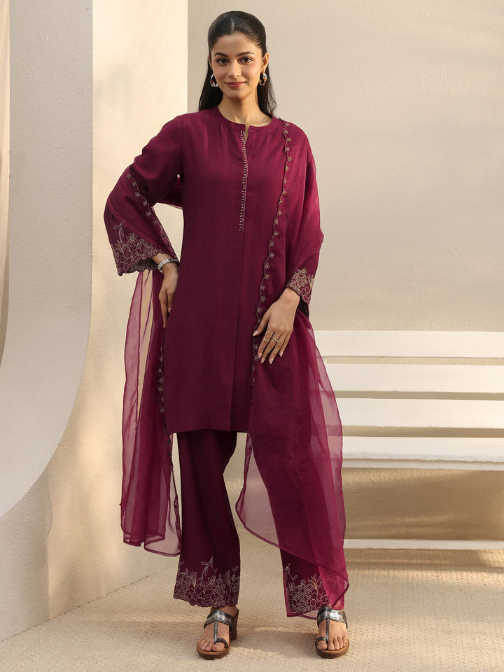 Maroon Floral Embroidered Silk Blend Straight Suit Set