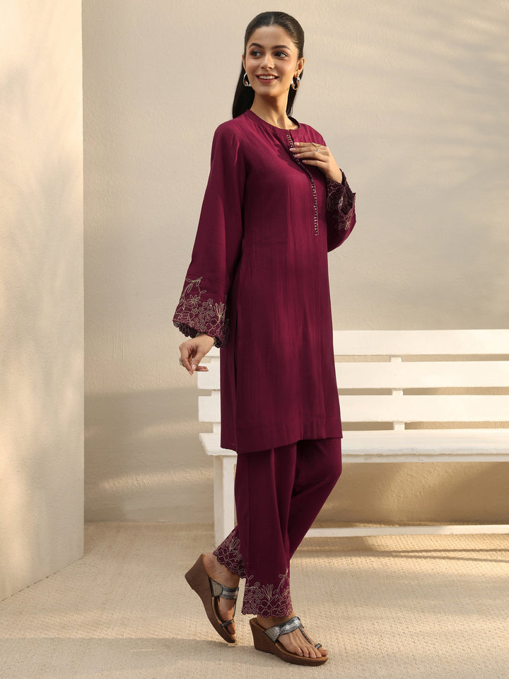 Maroon Floral Embroidered Silk Blend Straight Suit Set