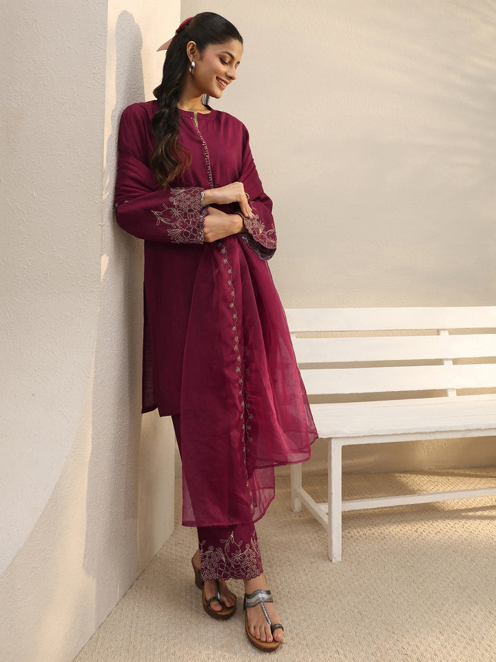 Maroon Floral Embroidered Silk Blend Straight Suit Set