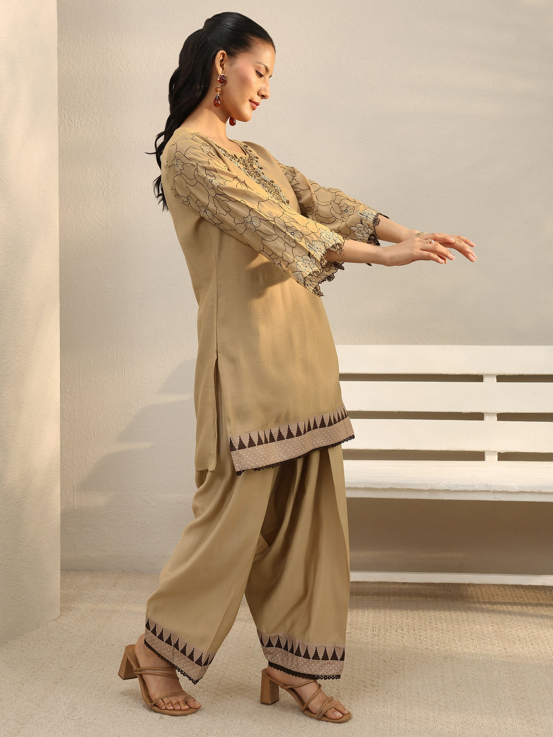 Beige Floral Embroidered Chanderi Silk Straight Suit Set