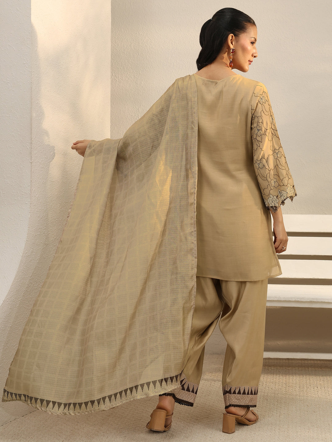 Beige Floral Embroidered Chanderi Silk Straight Suit Set