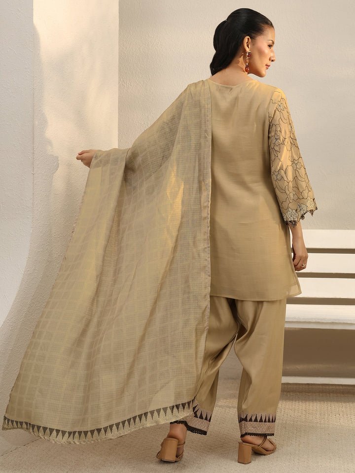 Beige Floral Embroidered Chanderi Silk Straight Suit Set
