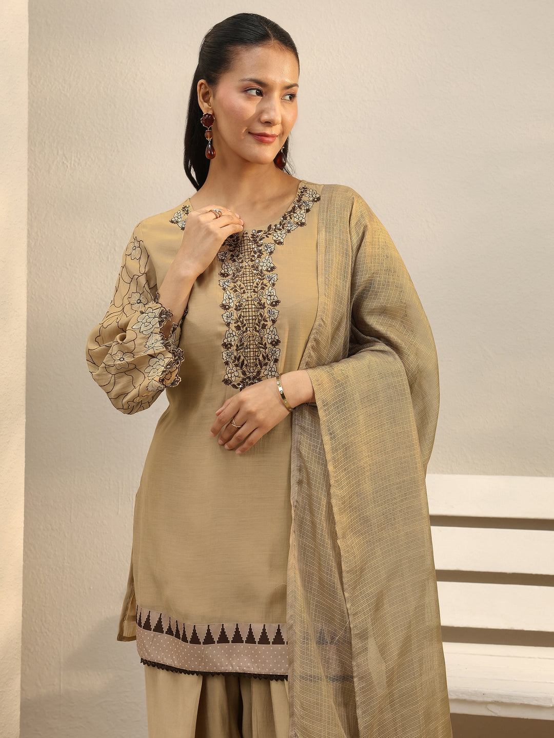 Beige Floral Embroidered Chanderi Silk Straight Suit Set