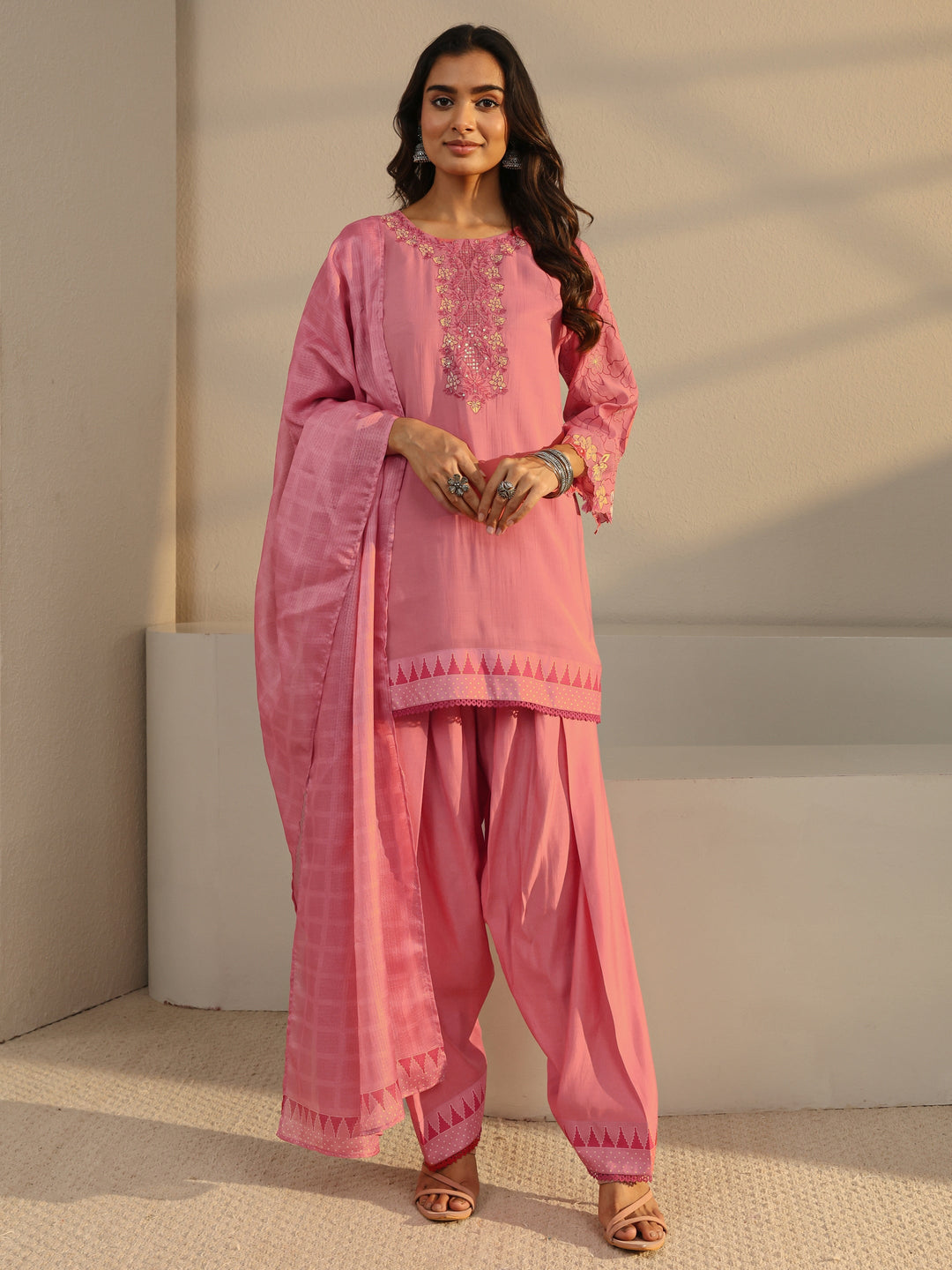 Pink Floral Yoke Design Chanderi Silk Straight Suit Set