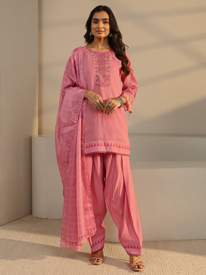 Pink Floral Yoke Design Chanderi Silk Straight Suit Set