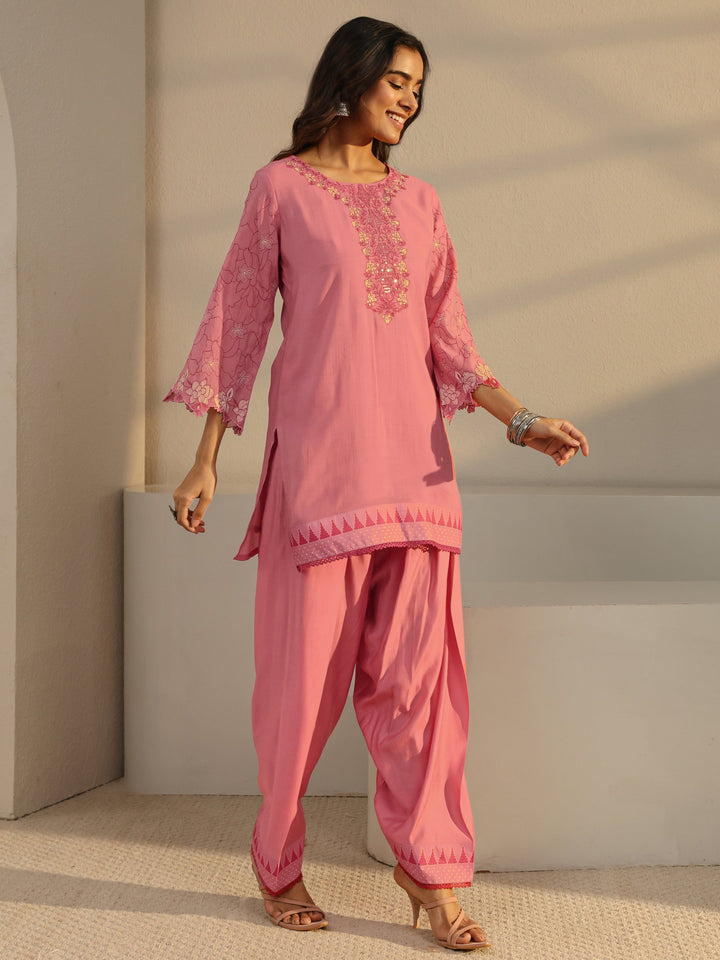 Pink Floral Yoke Design Chanderi Silk Straight Suit Set