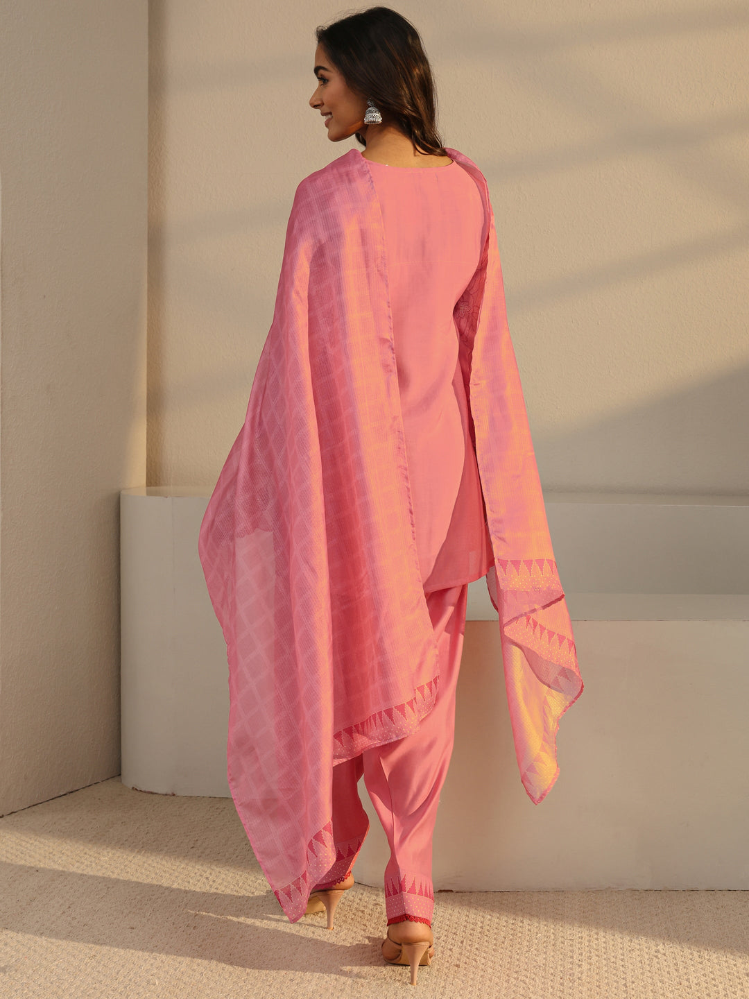 Pink Floral Yoke Design Chanderi Silk Straight Suit Set