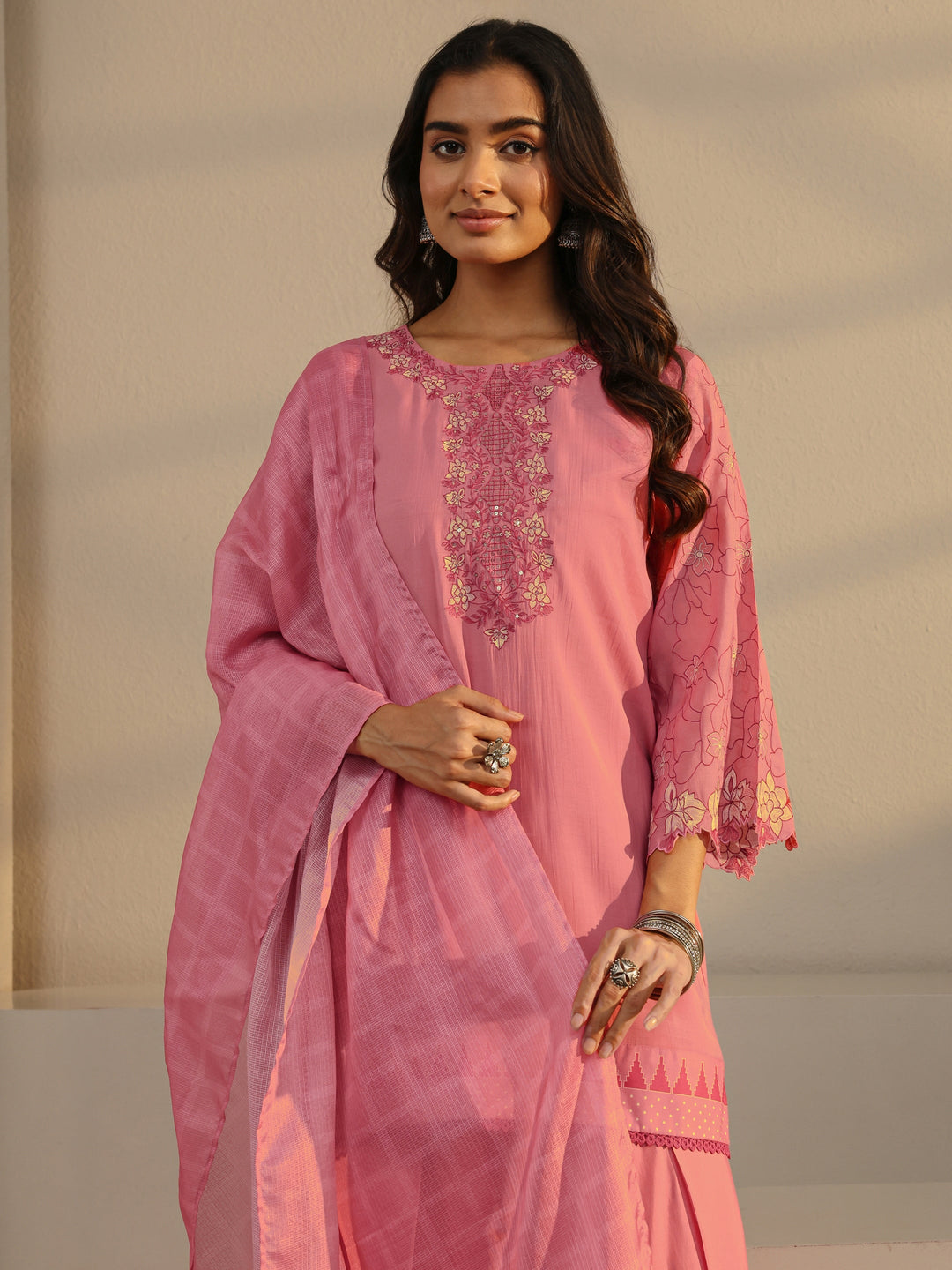 Pink Floral Yoke Design Chanderi Silk Straight Suit Set
