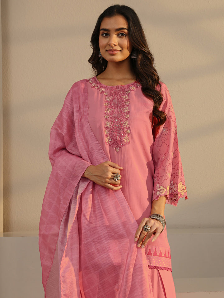 Pink Floral Yoke Design Chanderi Silk Straight Suit Set