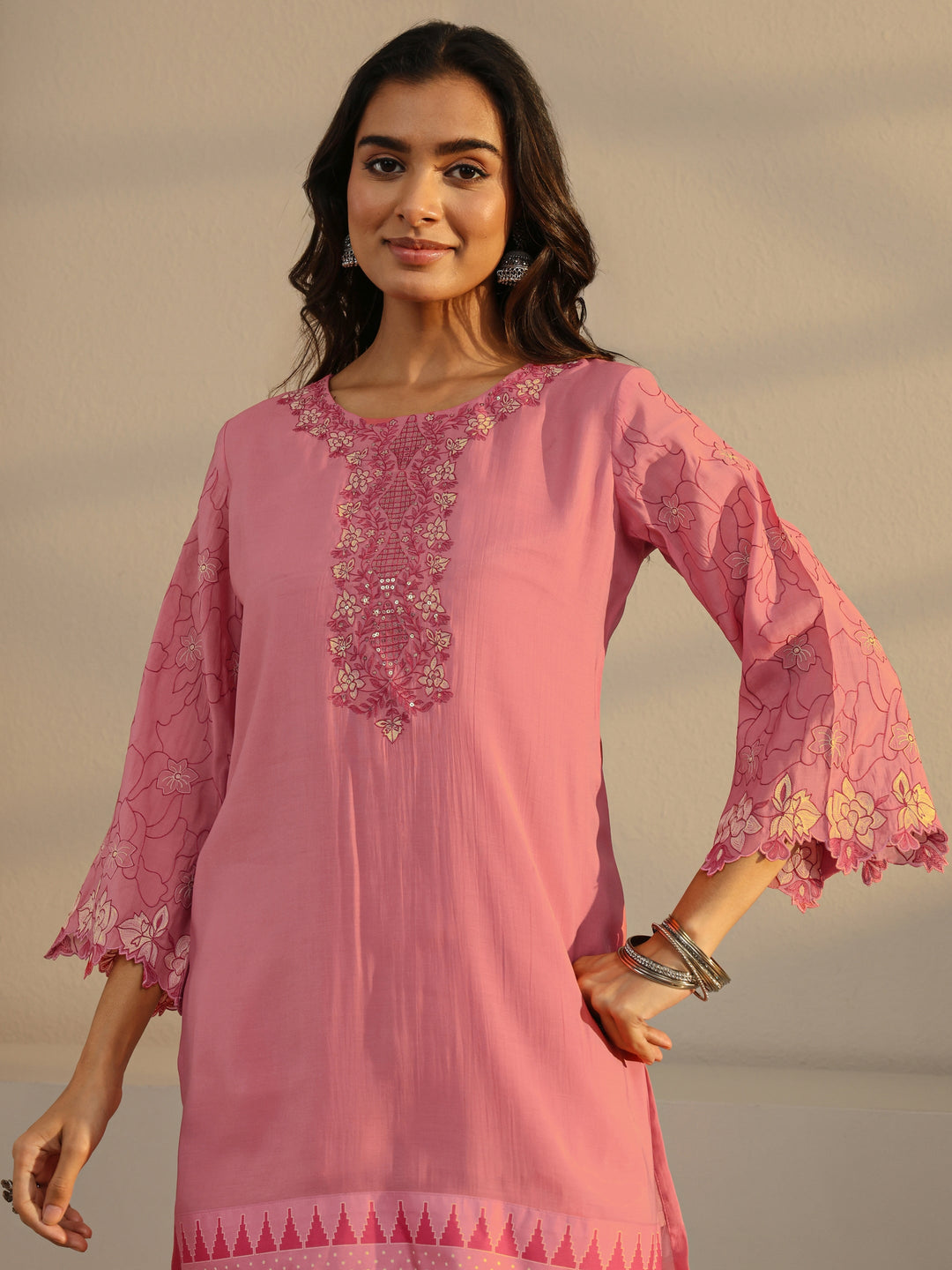 Pink Floral Yoke Design Chanderi Silk Straight Suit Set