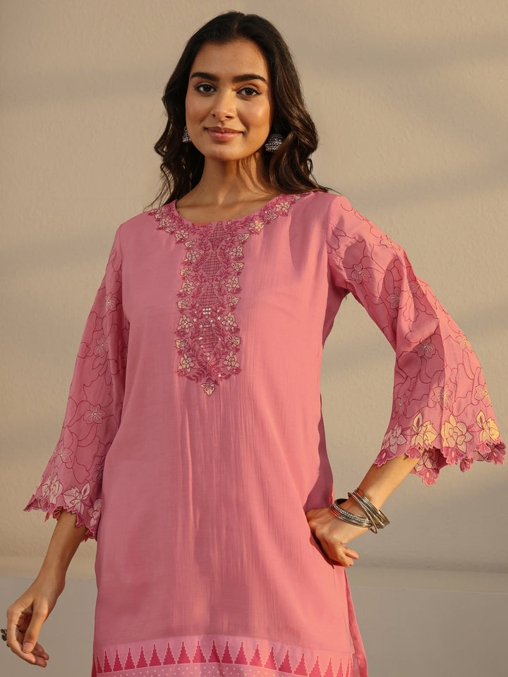 Pink Floral Yoke Design Chanderi Silk Straight Suit Set
