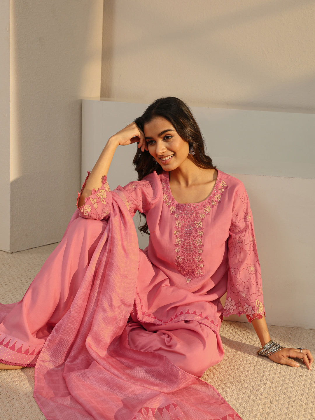 Pink Floral Yoke Design Chanderi Silk Straight Suit Set