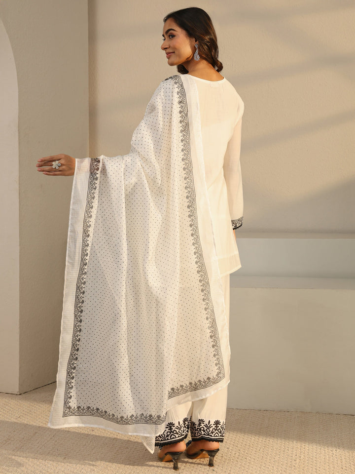 White Floral Embroidered Chanderi Silk Straight Suit Set