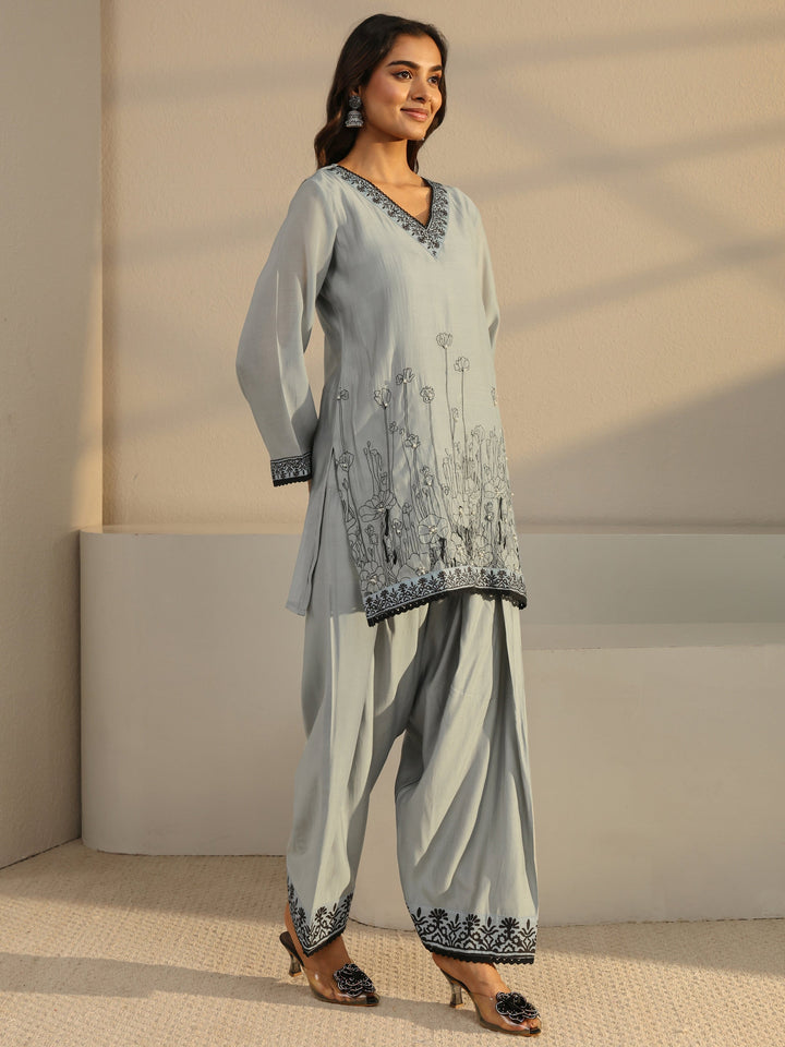 Grey Floral Embroidered Chanderi Silk Straight Suit Set