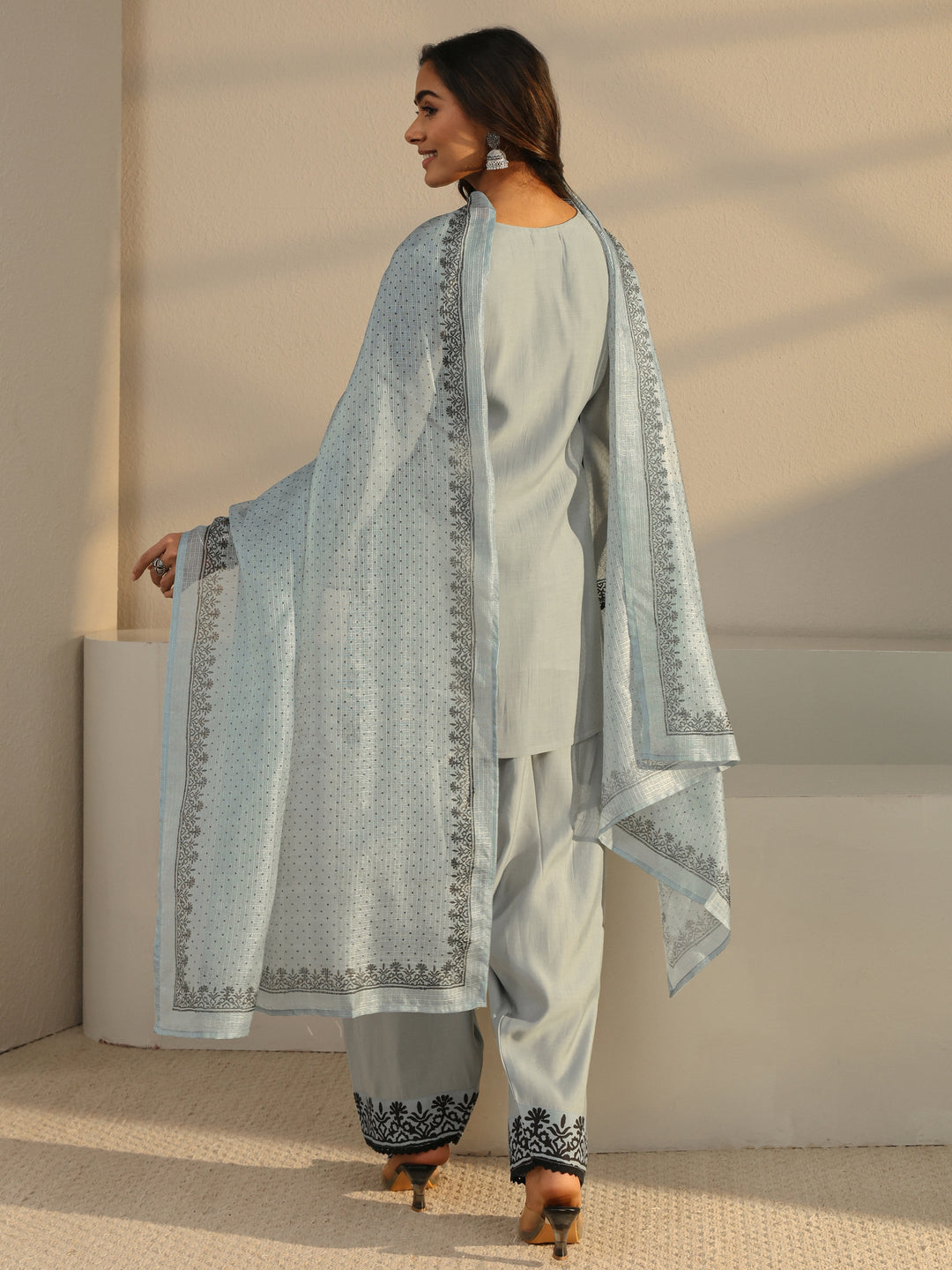 Grey Floral Embroidered Chanderi Silk Straight Suit Set