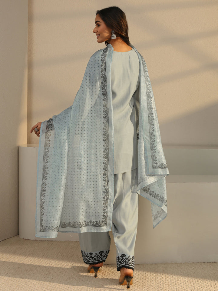 Grey Floral Embroidered Chanderi Silk Straight Suit Set