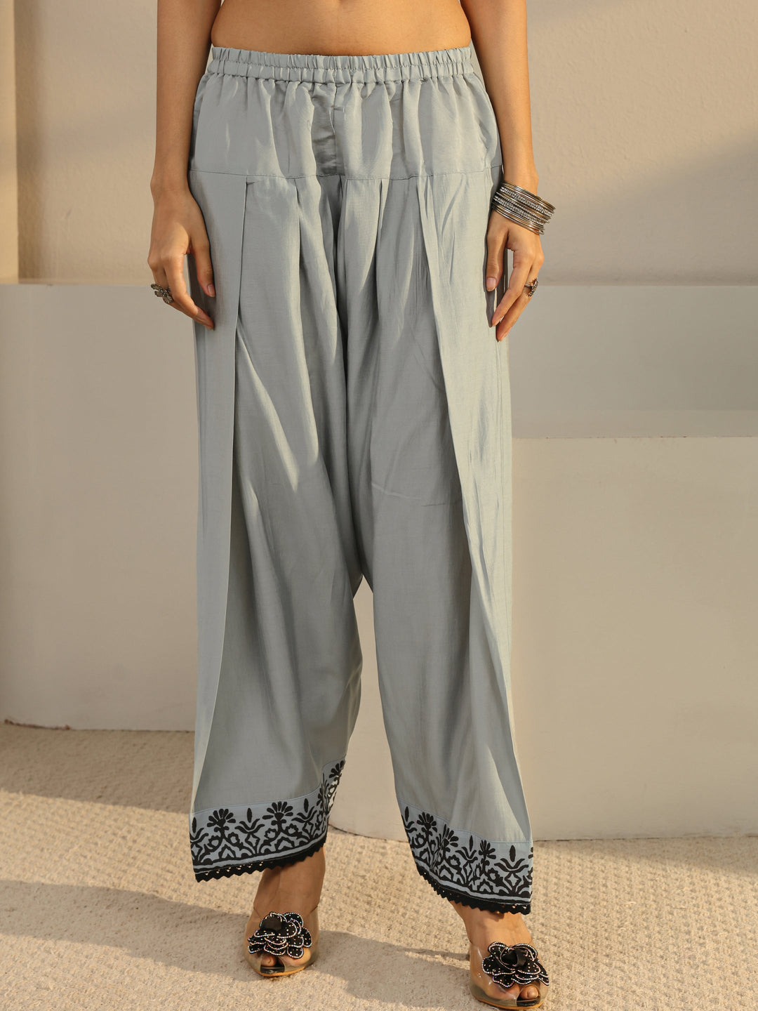 Grey Floral Embroidered Chanderi Silk Straight Suit Set