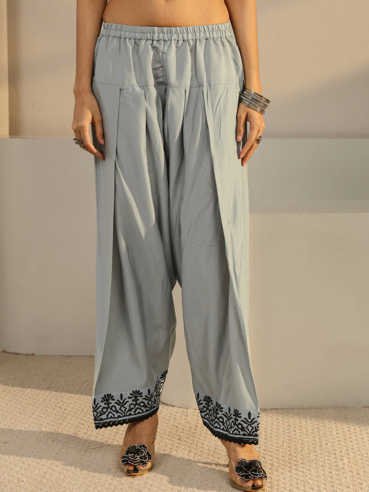 Grey Floral Embroidered Chanderi Silk Straight Suit Set