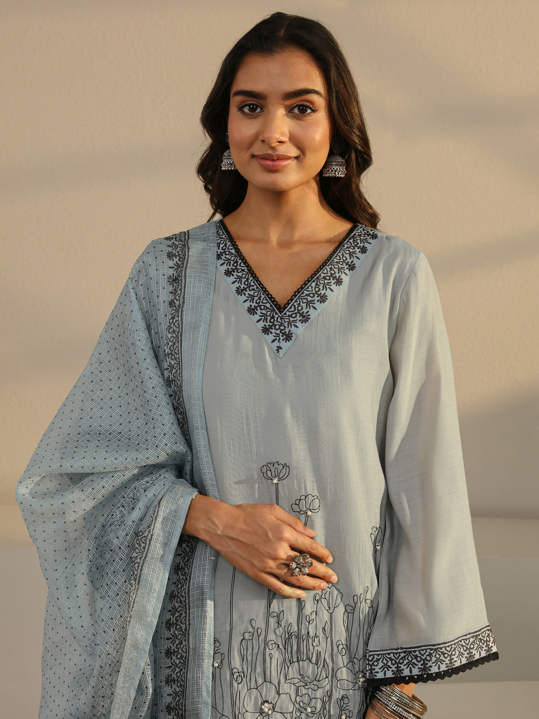 Grey Floral Embroidered Chanderi Silk Straight Suit Set