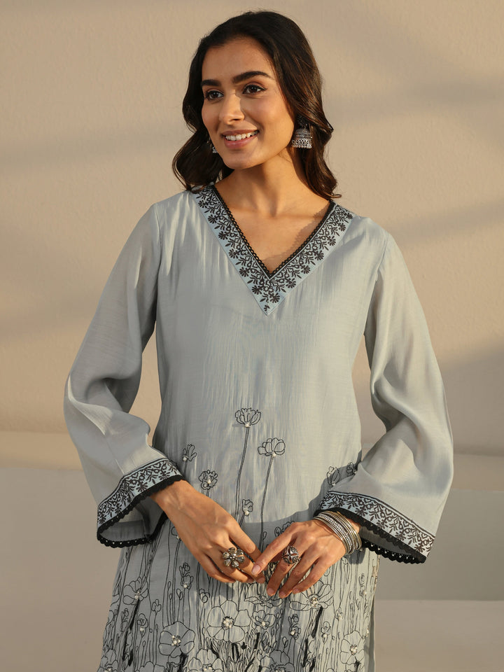 Grey Floral Embroidered Chanderi Silk Straight Suit Set
