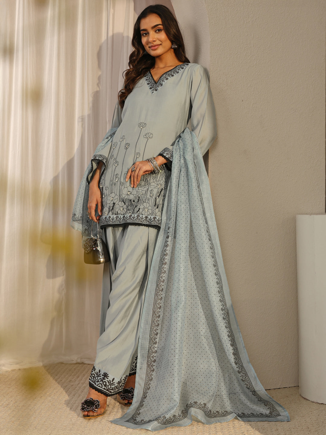 Grey Floral Embroidered Chanderi Silk Straight Suit Set