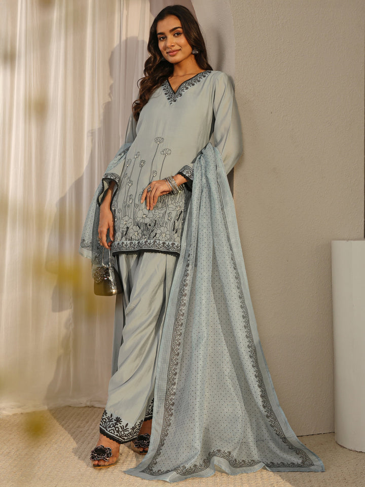 Grey Floral Embroidered Chanderi Silk Straight Suit Set