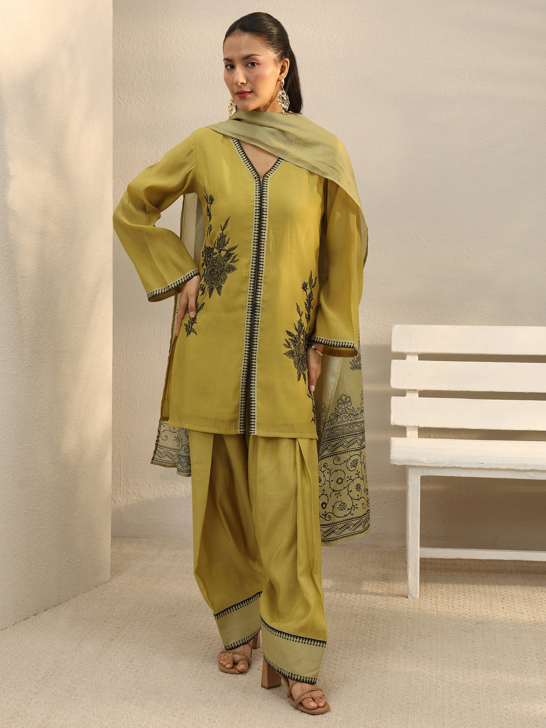 Mustard Floral Embroidered Chanderi Silk Straight Suit Set