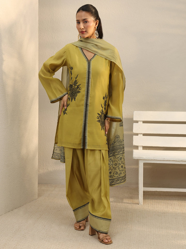 Mustard Floral Embroidered Chanderi Silk Straight Suit Set